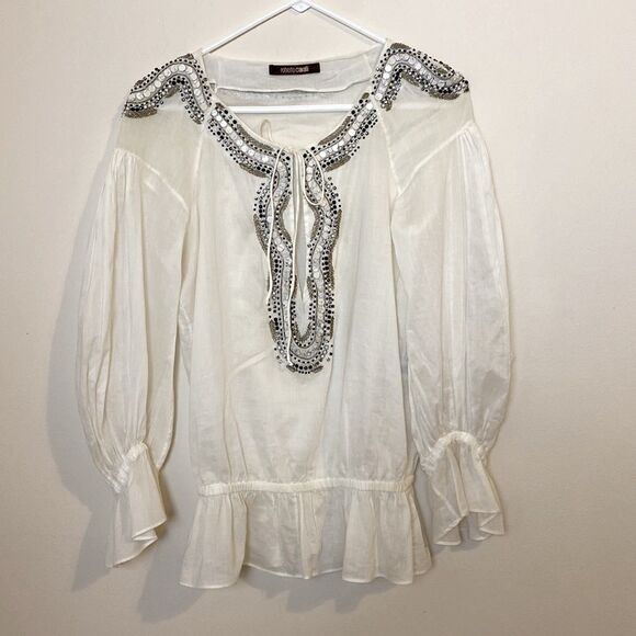 Roberto Cavalli Boho Peasant Blouse with Beading and Tie Front Size 40… - Picture 7 of 9